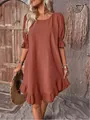 Vintage rusty orange cotton-linen midi dress featuring ruffle sleeves and a flowing ruffled hemline - Rust Red