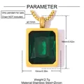 Detailed view of rectangular green zircon pendant with size parameters in mm and inches. - Rectangle Green Stone (YK1227-2) / Gold