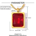 Macro view of a gold-plated stainless steel rectangular pendant featuring a red zircon. - Rectangle Red Stone (YK1227-3)