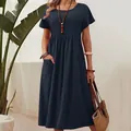 Elegant navy blue pleated cotton linen midi dress with functional pockets and short sleeves - 3XL / Dresses / Navy Blue