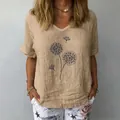 Detailed view of khaki linen-cotton short-sleeve top with chic dandelion print - Khaki