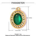 Detail of oval stainless steel pendant with green zircon and clear rhinestone border - Oval Green Zirconia (YK1228-1)