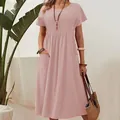 Casual pink cotton linen midi dress with pleated bodice and pockets for women. - 5XL / Dresses / Pink