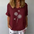 Casual women's wine red cotton linen short sleeve top with white dandelion print - Burgundy