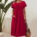 Detailed view of pleated chest and pockets on red cotton linen short sleeve midi dress - 3XL / Dresses / Red