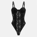 Sexy black lace bodysuit with underwire cups and delicate floral mesh details - XS / Jumpsuits / Black