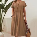 Close-up view of a brown cotton linen dress showing round neck and pleated details - 3XL / Dresses / Dark Brown