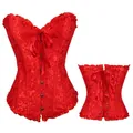 Red vintage jacquard corset top with ribbon bow and adjustable back lacing details - S / Tops / Red
