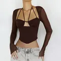 Sexy brown sheer mesh long sleeve top featuring halter neck and corset boning detail - XS / Tops / Coffee