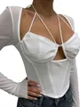 Elegant white mesh long sleeve halter neck corset top with underwire and boning details - XS / Tops / White
