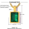 Green zircon stainless steel pendant SKU variant showing size and weight specs - Rectangle Green Zirconia (YK1226-1) / Gold