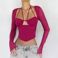 Elegante top a maniche lunghe in mesh magenta con sexy scollo all'americana e design a corsetto - Rosso rosa
