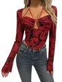 Top sexy a maniche lunghe in mesh con stampa a rose rosse e bustino con ferretto - Stampa