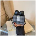 Cute grey plaid mini crossbody bag with black bow and cartoon dog embroidery - Black