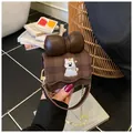 Cute mini brown plaid crossbody bag featuring a large 3D bow and white dog embroidery - Brown