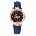 Elegant women's quartz watch featuring a butterfly motif dial and a stylish blue leather strap - Blue
