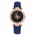 Elegante Damen-Quarzuhr mit Schmetterlingsmotiv auf dem Zifferblatt und blauem Lederarmband - Blau
