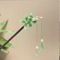 Premium sandalwood hair stick with translucent green flowers and elegant pearl tassels - Emerald Green Floral Tassel Step-Shake Style (6999)