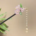 Elegant Chinese style sandalwood hairpin with purple flowers and long pearl tassels for Hanfu hair - Light Purple Translucent Petal Artificial Pearl Tassel Style (7321)