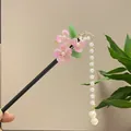 Elegant black sandalwood hairpin with pink flowers and long pearl tassel dangle - Transparent Pink Five-Petal Flower Artificial Pearl Tassel Style (7322)