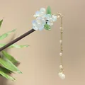 Traditional sandalwood hair pin with translucent blue flowers and pearl tassels. - Light Blue Translucent Petal Artificial Pearl Tassel Style (7331)