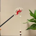 Elegant sandalwood hair stick with red fan, pearls, and pink flowers for Hanfu styling - Red Fan Enamel Artificial Pearl Tassel Style (7340)