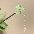 Traditional Chinese sandalwood hair stick with green resin flowers and pearl tassel - Light Green Translucent Resin Flower Artificial Pearl Tassel Style (7407)