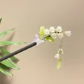 Elegant lily of the valley wooden hair stick with butterfly tassel and green leaves decoration - White Lily of the Valley Light Purple Butterfly Tassel Style (8097)