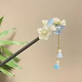 Traditional Chinese style sandalwood hair stick with blue floral tassel - Blue Lily of the Valley White Flower Tassel Style (8129)