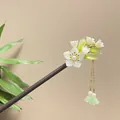 Vintage sandalwood hair stick with resin flowers and golden tassels for Hanfu style - Light Green Bud White Flower Tassel Style (8130)