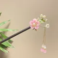 Traditional wooden hair stick featuring pink flower design and elegant dangling tassels - Pink and Green Petal Artificial Pearl Tassel Style (8125)