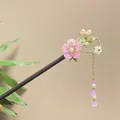 Elegant New Chinese style sandalwood hair stick with pink flower and beaded tassel for Hanfu - Pink Flower Green Leaf Artificial Pearl Tassel Style (8127)
