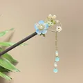 Traditional Chinese style sandalwood hair stick with blue flower and long pearl tassel - Light Blue Flower Artificial Pearl Tassel Style (8126)