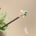 Elegant wooden hair stick with pink floral charms and long golden tassel - Pink Petal Artificial Pearl Tassel Style (8342)