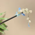 Vintage wooden hair stick with blue butterfly and white lily-of-the-valley tassel. - Blue Butterfly Lily of the Valley Tassel Style (8141)