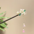 Elegant traditional Chinese wooden hairpin with white shell flowers and pink bell tassel - White Flower Enamel Leaf Tassel Lily of the Valley Wood Hair Stick(9303)