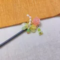 Elegant sandalwood hair stick with pink flower and green tassel for Hanfu hairstyle - Pink 3D Floral Artificial Pearl Tassel Wood Hair Stick(6782)