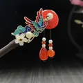 Traditional sandalwood hairpin with enamel phoenix, white flowers and pearl tassels - Enamel Phoenix Peace Buckle Artificial Pearl Tassel Wood Hair Stick(7380)