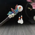 Elegant ancient style sandalwood hair stick featuring an enamel phoenix motif and beaded tassel - Enamel Phoenix Wing Artificial Pearl Tassel Wood Hair Stick(7381)