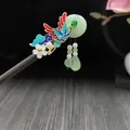 Vintage sandalwood hairpin featuring an enamel phoenix and jade-colored tassel charm - Colorful Enamel Phoenix Tassel Style (7612)
