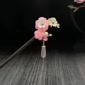 Traditional sandalwood hair stick with pink resin flowers and tassel pendant - Pink and White Resin Flower Pearl Tassel Style (7630)
