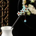 Elegant sandalwood hair stick with blue flowers and tassel for Hanfu hairstyles. - Light Blue Floral Red Core Tassel Style (3531)