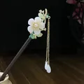 Elegant traditional wooden hairpin with white flower and long gold tassels - White Floral Pearl Gold Tassel Style (5624)