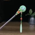 Traditional Chinese sandalwood hairpin with green jade-like beads and long tassels - Peace Buckle Red Green Bead Tassel Style (0653)