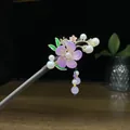 Traditional sandalwood hairpin featuring elegant purple flower and delicate pearl tassels - Gradient Purple Flower Pearl Tassel Style (0660)