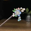 Elegant ancient style sandalwood hairpin with blue flower and pearl tassel for Hanfu - Blue Flower Pearl Tassel Style (0661)