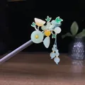 Neo-Chinese wooden hair stick with green jade-like beads and dangling tassels - Peace Buckle Green Leaf Tassel Style (0662)