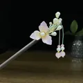 Elegant handmade ebony hair stick featuring a pink flower and delicate pearl tassels - Pink Flower Artificial Pearl Tassel Style (0651)