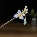 Elegant Chinese style sandalwood hair stick with blue flower and pearl tassels - Blue Orchid Artificial Pearl Tassel Style (0650)