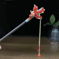 Traditional Chinese wooden hair stick with red goldfish design and golden tassel - Red Goldfish Artificial Pearl Tassel Style (0666)
